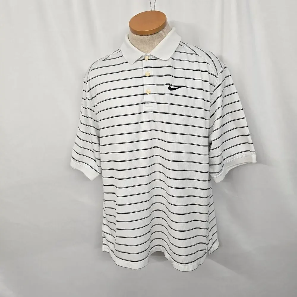 Nike Dri-Fit Polo Shirt Men's XL * White Black Stripe Short Sleeve Preppy Swoosh